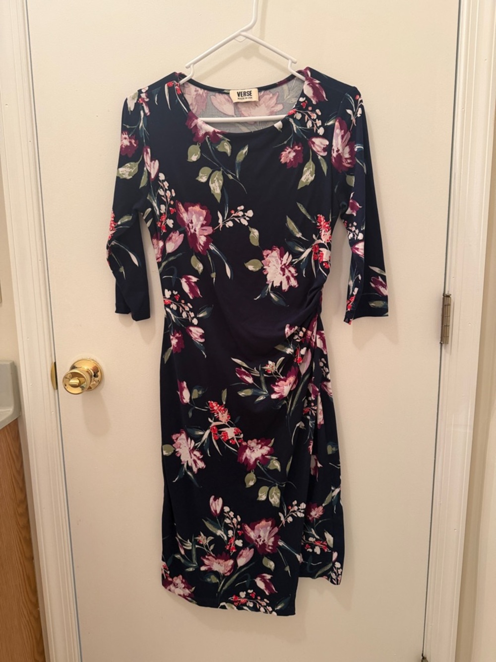 Verse Navy Floral Ruched-Side Midi Dress with Three-Quarter Sleeves